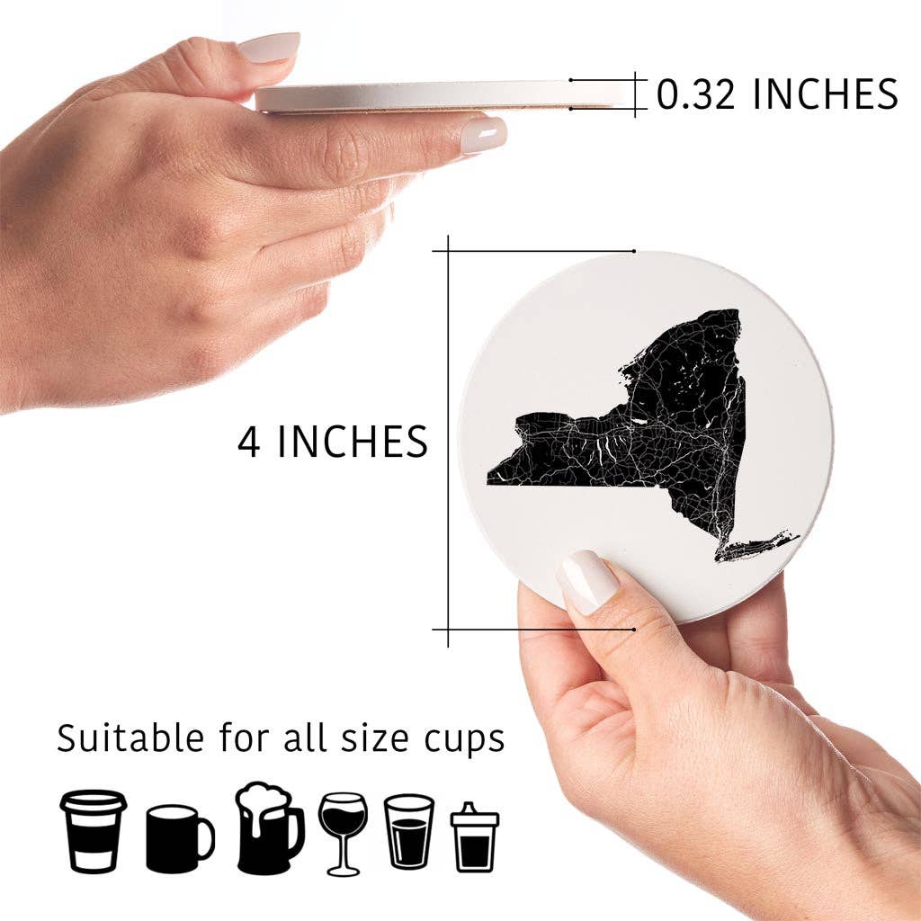 Love Local - Wholesale Coasters - Minimalistic B&W New York State With Map | Absorbent Coasters | Set of 4 | Min 25