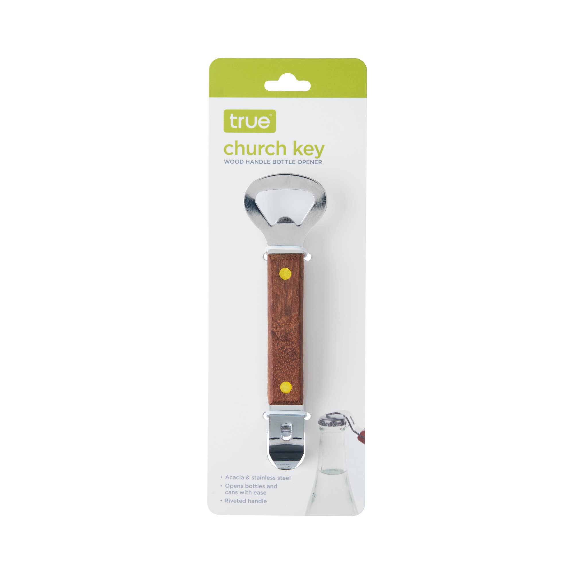 TRUE - Vente Ouvre-bouteille/tire-bouchon - Bouteille de bière et ouvre-boîte d'église avec manche en bois d'acacia1