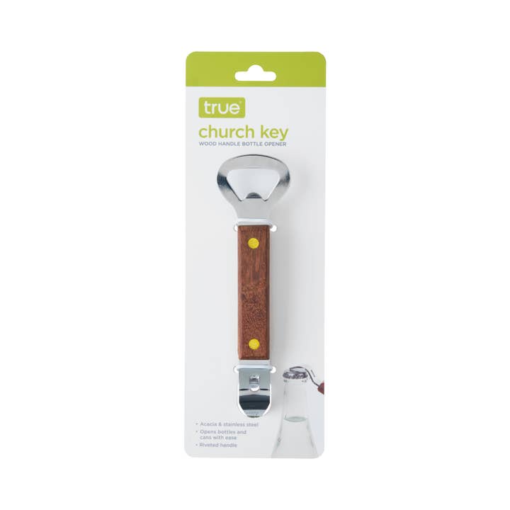 TRUE - Vente Ouvre-bouteille/tire-bouchon - Bouteille de bière et ouvre-boîte d'église avec manche en bois d'acacia1