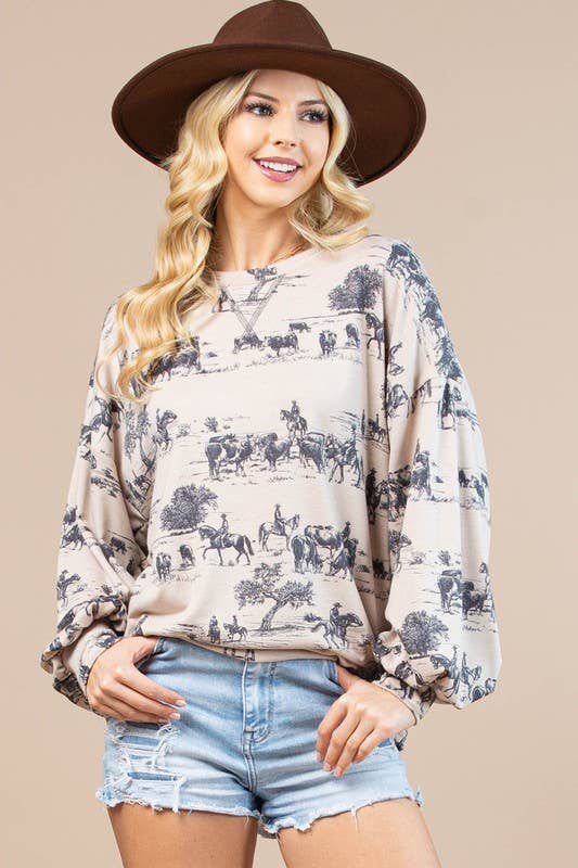 KHAKI CHARCOAL AV1171-HAILEY WESTEN PRINT SWEATSHIRT for wholesale on Faire5