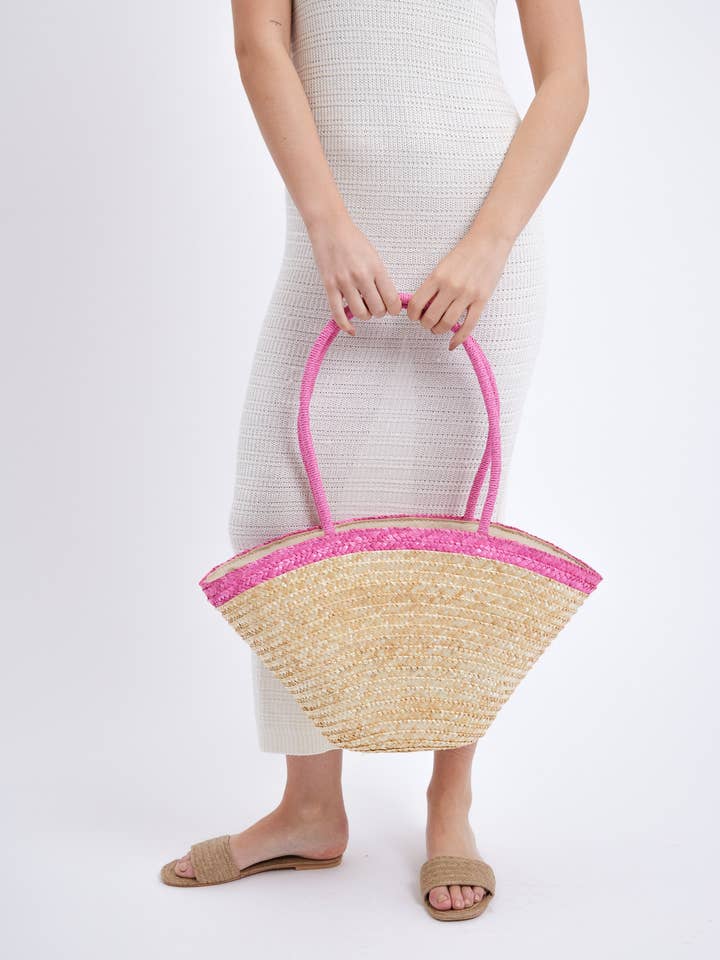 Medium Sized Straw Bag with Contrast Pink Handles for wholesale by My Accessories London