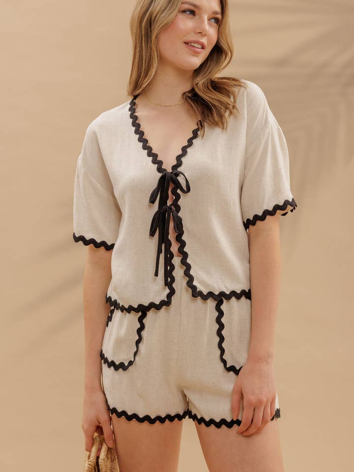 OATMEAL CONTRAST WAVY TRIM FRONT TIE TOP & LINEN SHORT SET for wholesale on Faire