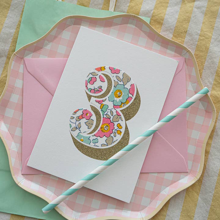 The Charming Press - Vendita all'ingrosso Biglietti di auguri - Biglietto di Compleanno per 3 Anni - Bio Glitter & Liberty Betsy Rosa2