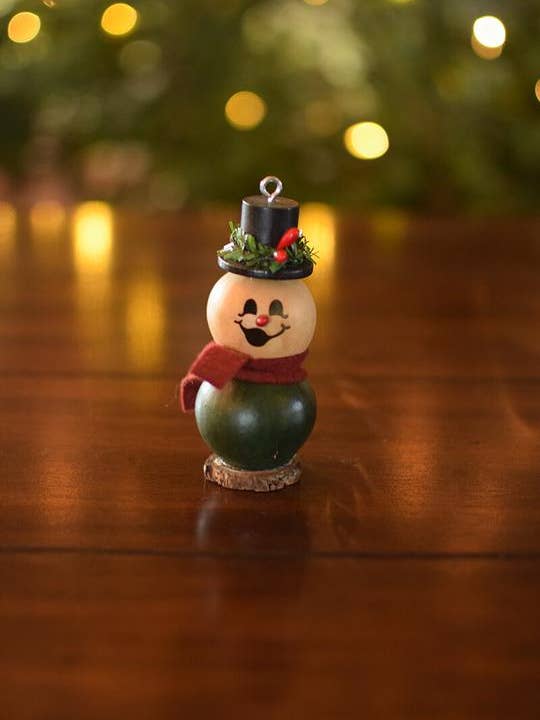 Lil Pinewood Short Snowman Handcrafted Gourd for wholesale by Meadowbrooke Gourds