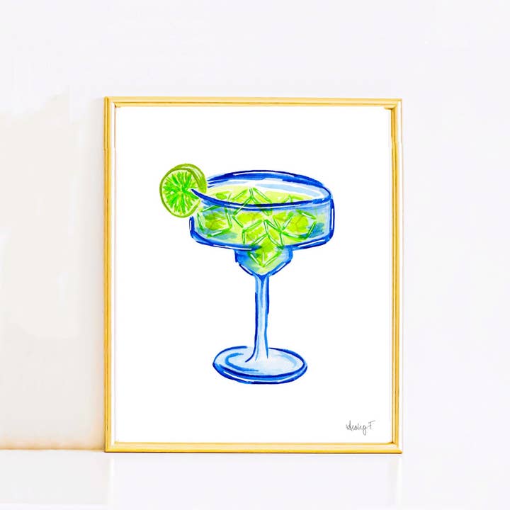 Print | Bright Blue Tequila Margarita Watercolor | Blue Green | Bar Cart Cocktail Kitchen Art Wall Decor | Coastal Cowgirl | Dorm Preppy for wholesale by Shop Art by Audrey