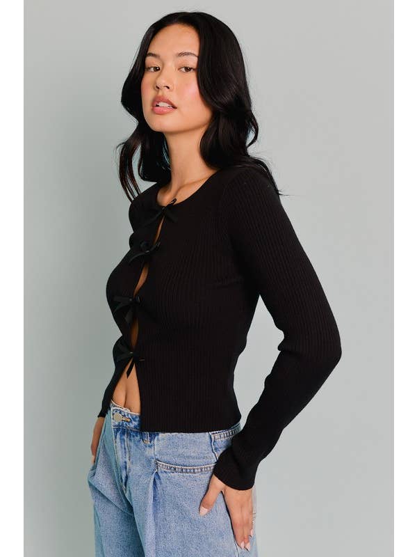 LE LIS - Wholesale Knit Top - Women's - Long Sleeve Satin Bow Detail Sweater Top