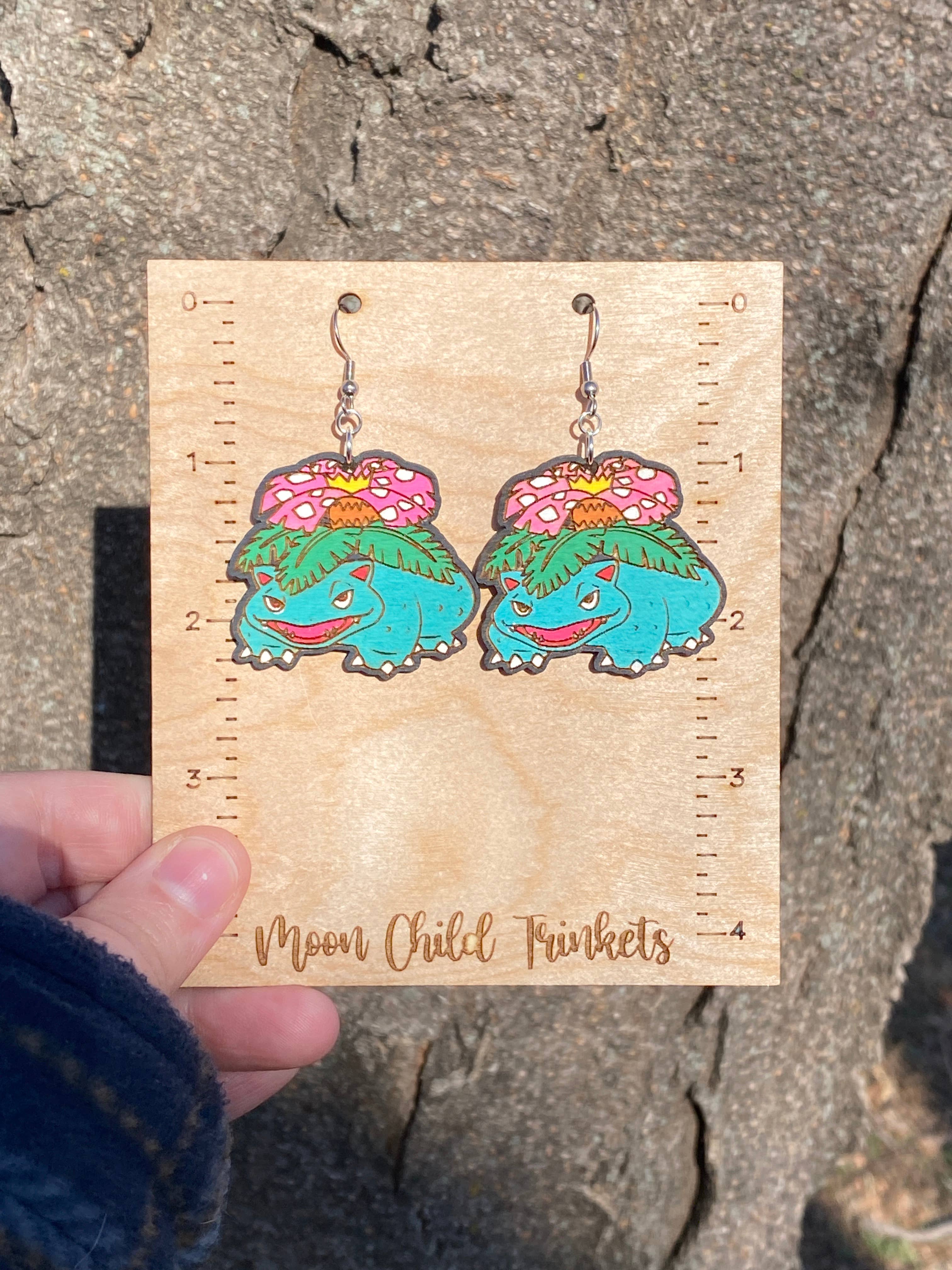 Moon Child Trinkets - Wholesale Dangle Earrings - Venusaur Pokemon Hand Painted Wood Dangle Earrings4