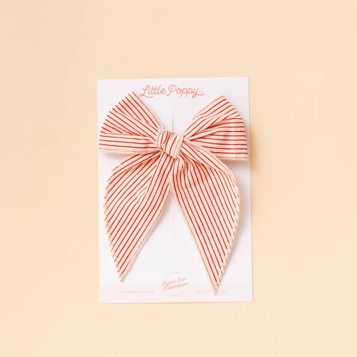 Little Poppy Co - Wholesale Hair Bow - Kids - Red Canvas Stripe Bow Clip2