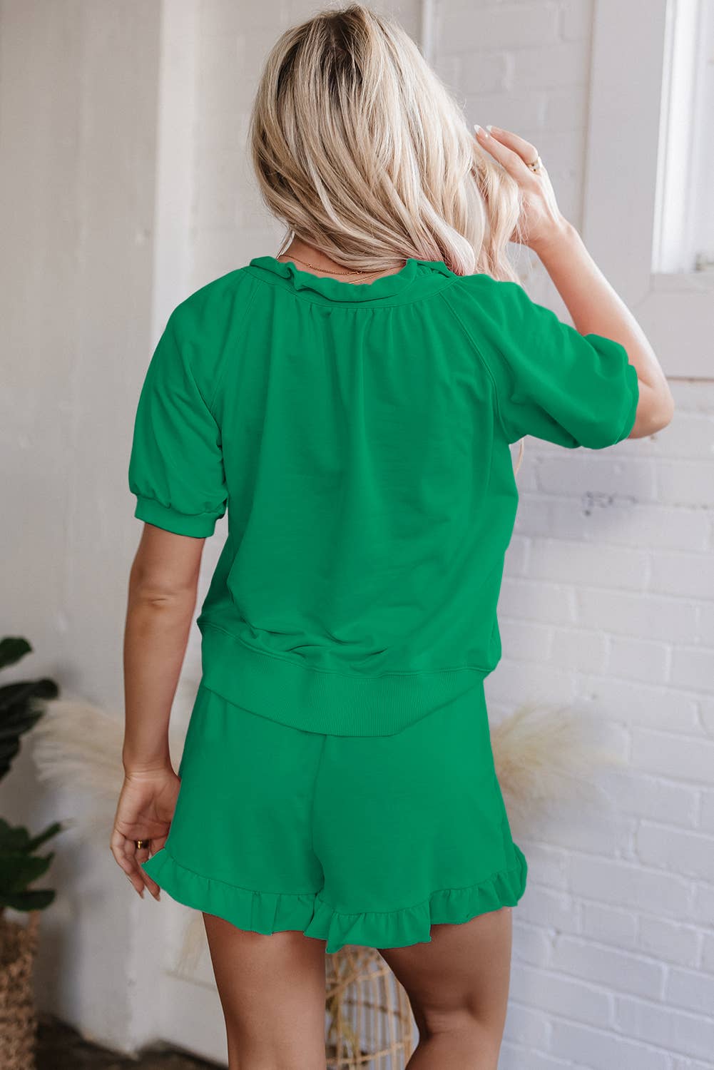 Aapparella - Wholesale Lounge Set - Women's - Pink  Zip Front Puff Sleeve Top & Ruffled Shorts Set | S-XL1