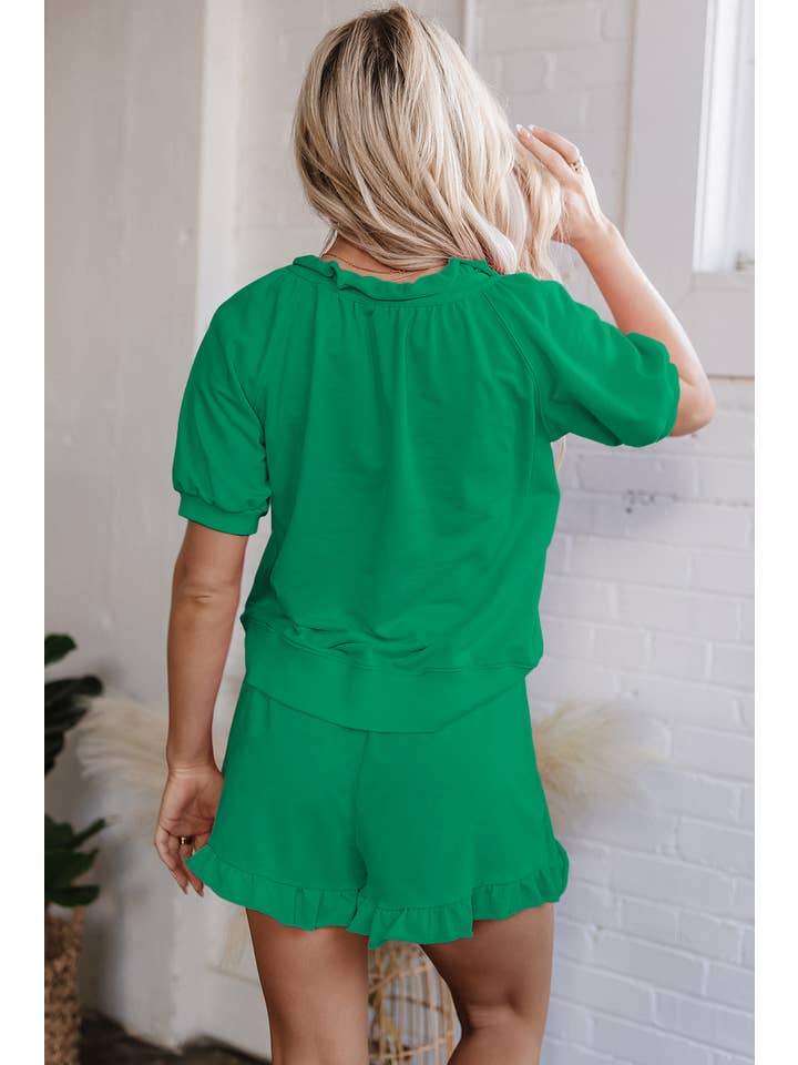 Aapparella - Wholesale Lounge Set - Women's - Pink Zip Front Puff Sleeve Top & Ruffled Shorts Set | S-XL1