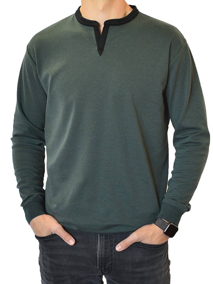 Långärmad Henley Slit Krage (Mörkgrön) för wholesale av SpearPoint Apparel
