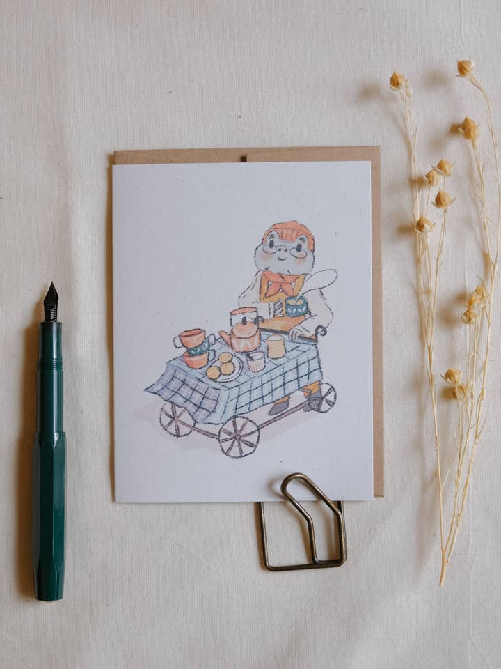 Frog Tea Time Greeting Card for wholesale by Justine Gilbuena