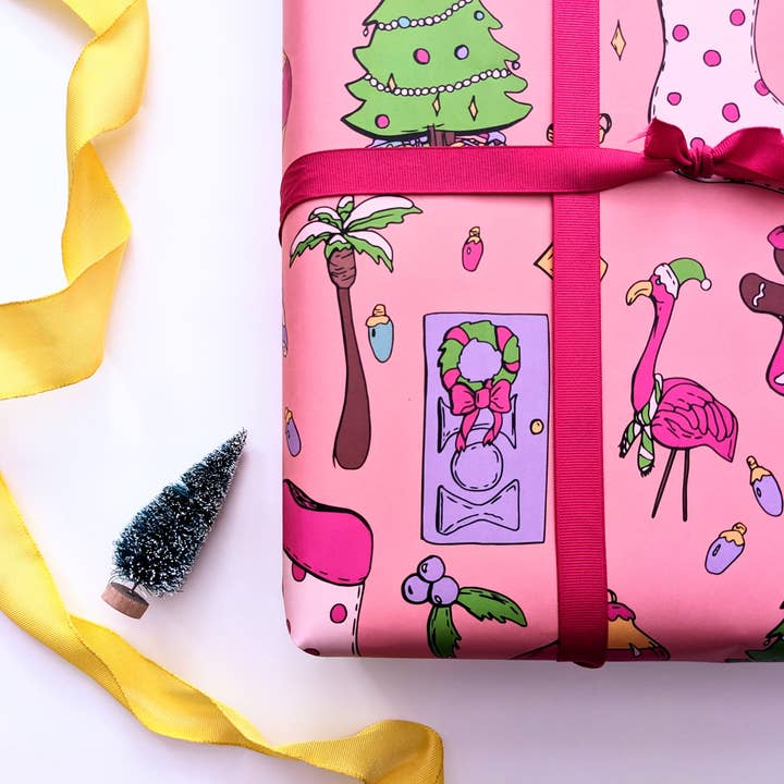 Mary Felker Art and Design - Wholesale Flat Wrap - Flamingo Pink Christmas Wrapping Paper, Colorful Gift Wrap