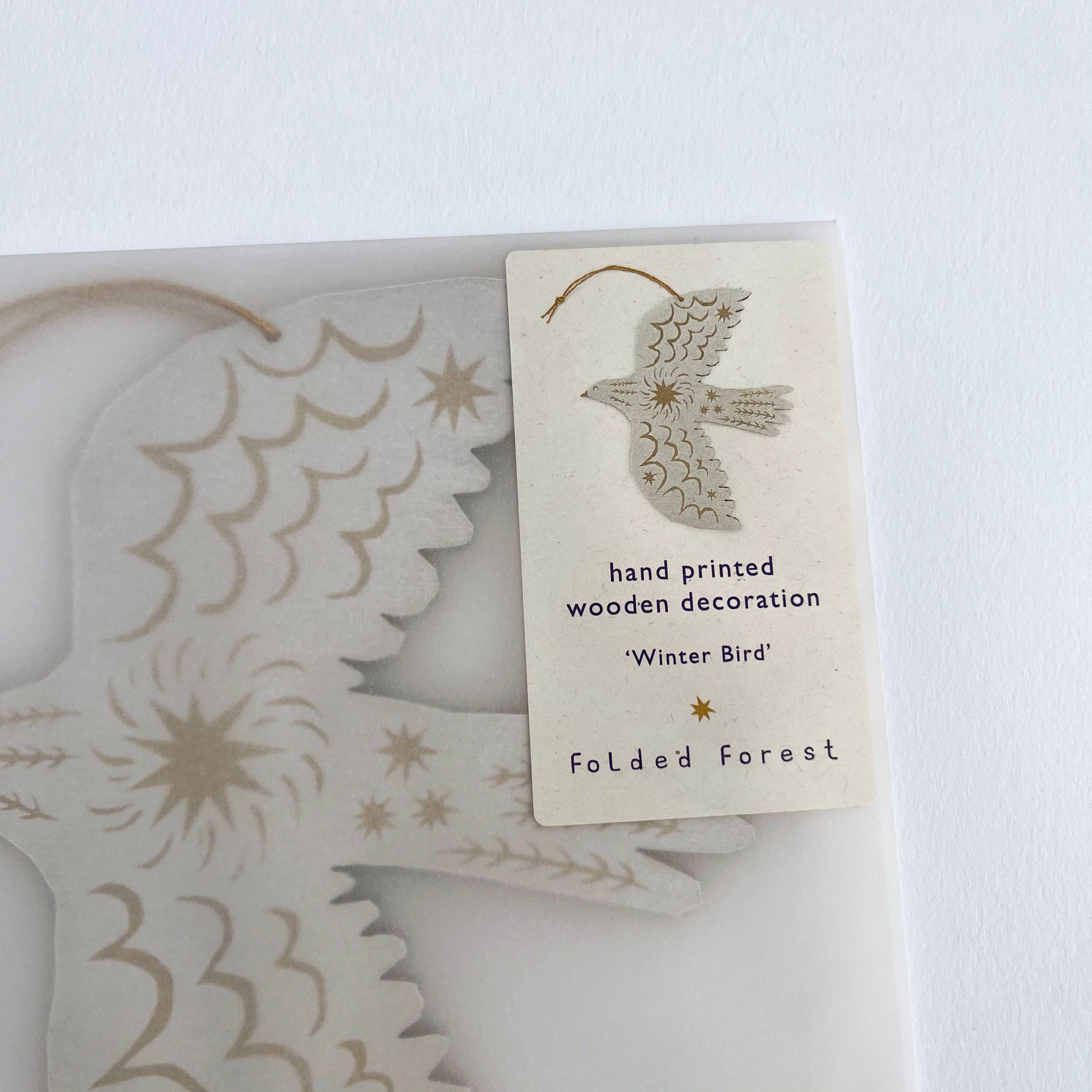 Folded Forest - Wholesale Ornament - Screenprinted Wooden Decoration - Winter Bird - White4