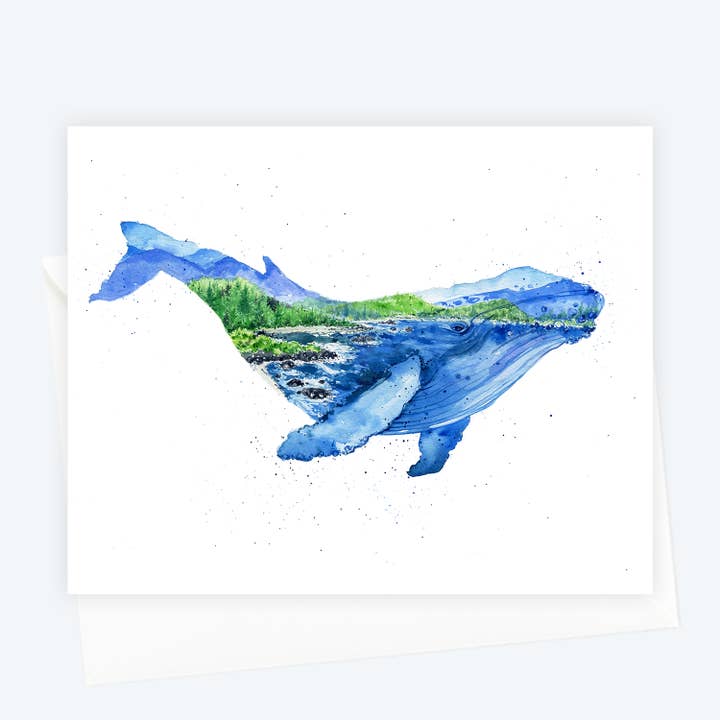 Humphrey the Humpback Whale Coastal Watercolor Art Card for wholesale by Elena Markelova Arts