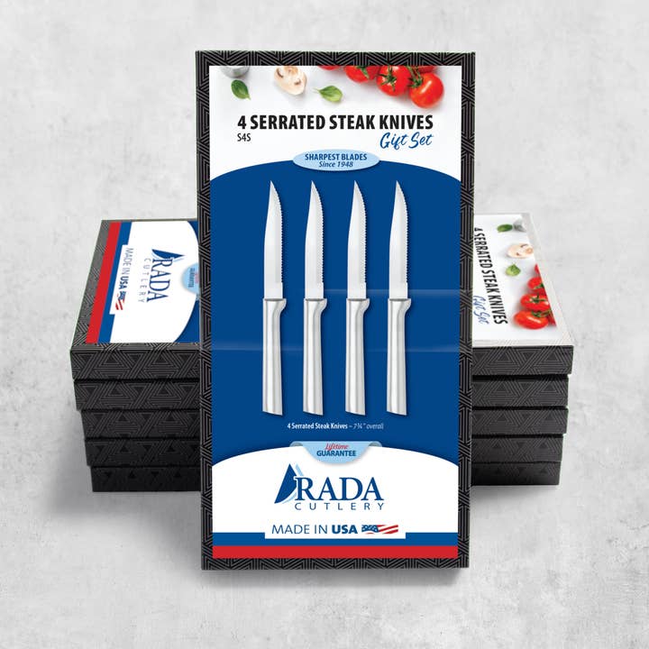 Ensemble cadeau de 4 couteaux à steak dentelés : lot de 6 feuilles argentées. pour la vente par Rada Cutlery