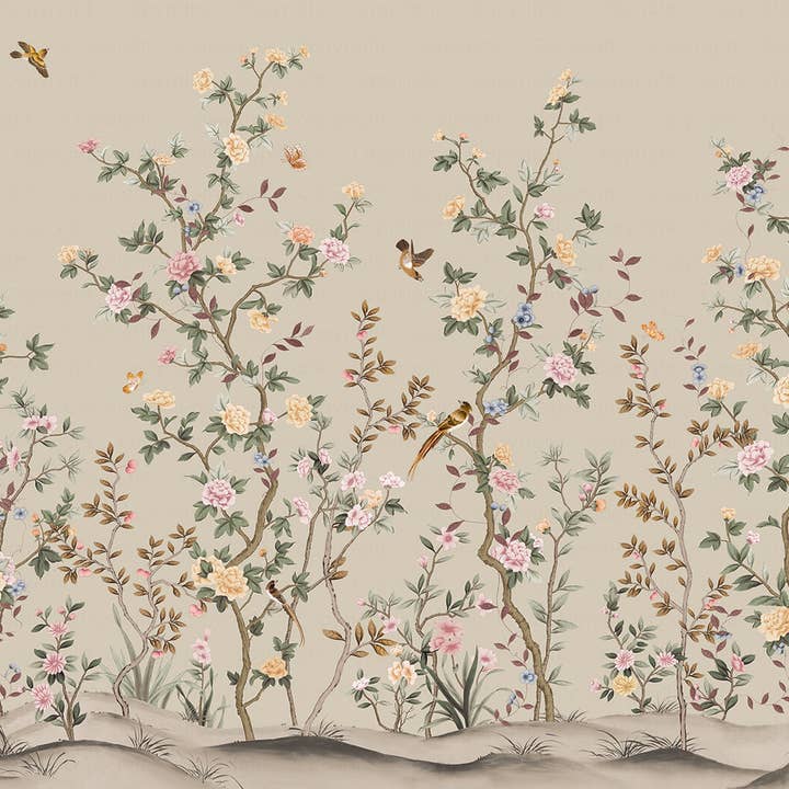 Chinoiserie Floral Blossoms Wall Mural, Green Botanical Tree Flowers Wallpaper, Custom Size Wall Covering, Non-Woven, Non-Adhesive, Removable, Washable for wholesale by Walloro Luxury Embossed Wallpaper
