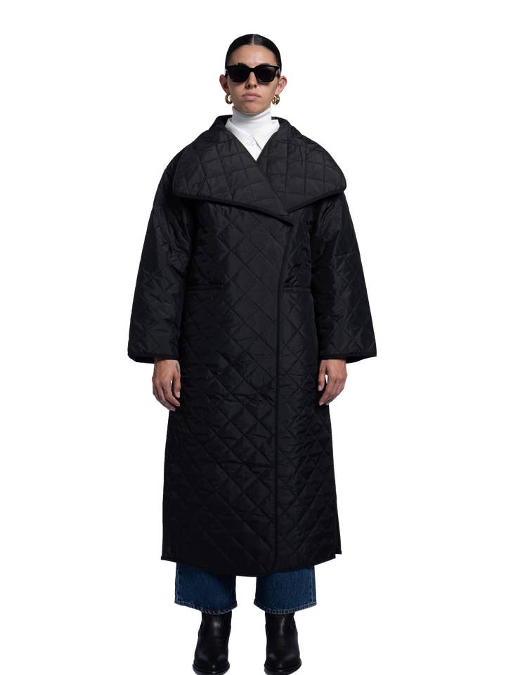 Quilted Long Coat Black for wholesale by Baxter Wood Company