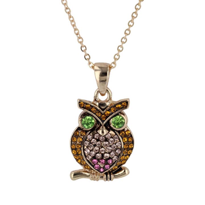 Gold Tone Wise Owl Pendant Necklace w Multi Color Crystals for wholesale by Luxe on Main LLC