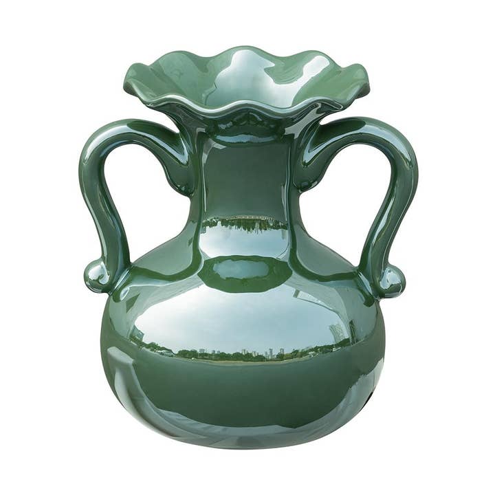 7x6x8" Round Ceramic Vase w/ Handles & Green Electroplating for wholesale by A&B Home Group Inc.