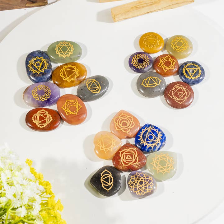 Reiki 7Chakra Engraved Crystal Set for Healing & Meditation for wholesale by Soothing Crystals
