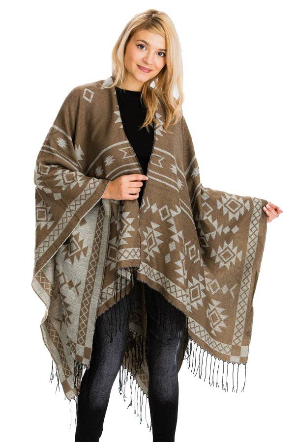 Cap Zone – Poncho - Mulher por atacado – Poncho ocidental reversível com padrão geométrico asteca10