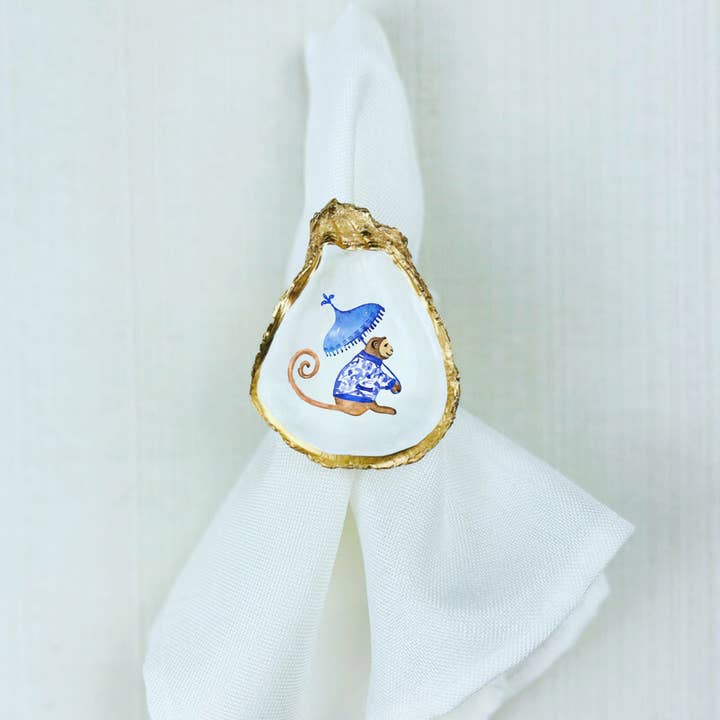 Willett and Co - Wholesale Napkin Ring - Chinoiserie Monkey Oyster Shell Rattan Napkin Rings