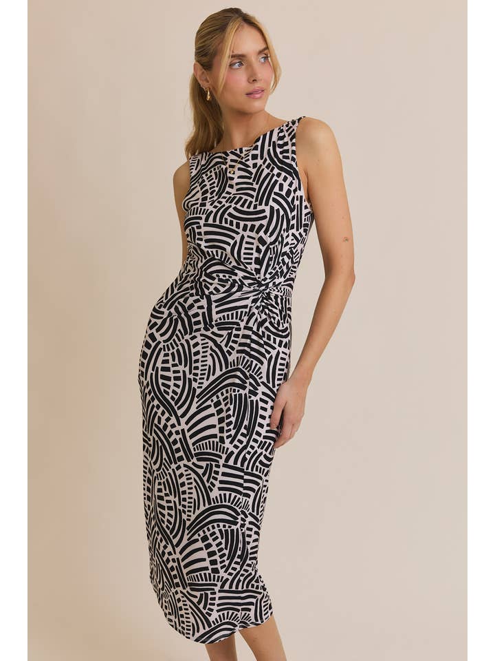 BOAT NECK SLEEVELESS FRONT TWIST ABSTRACT PRINT DRESS for wholesale on Faire