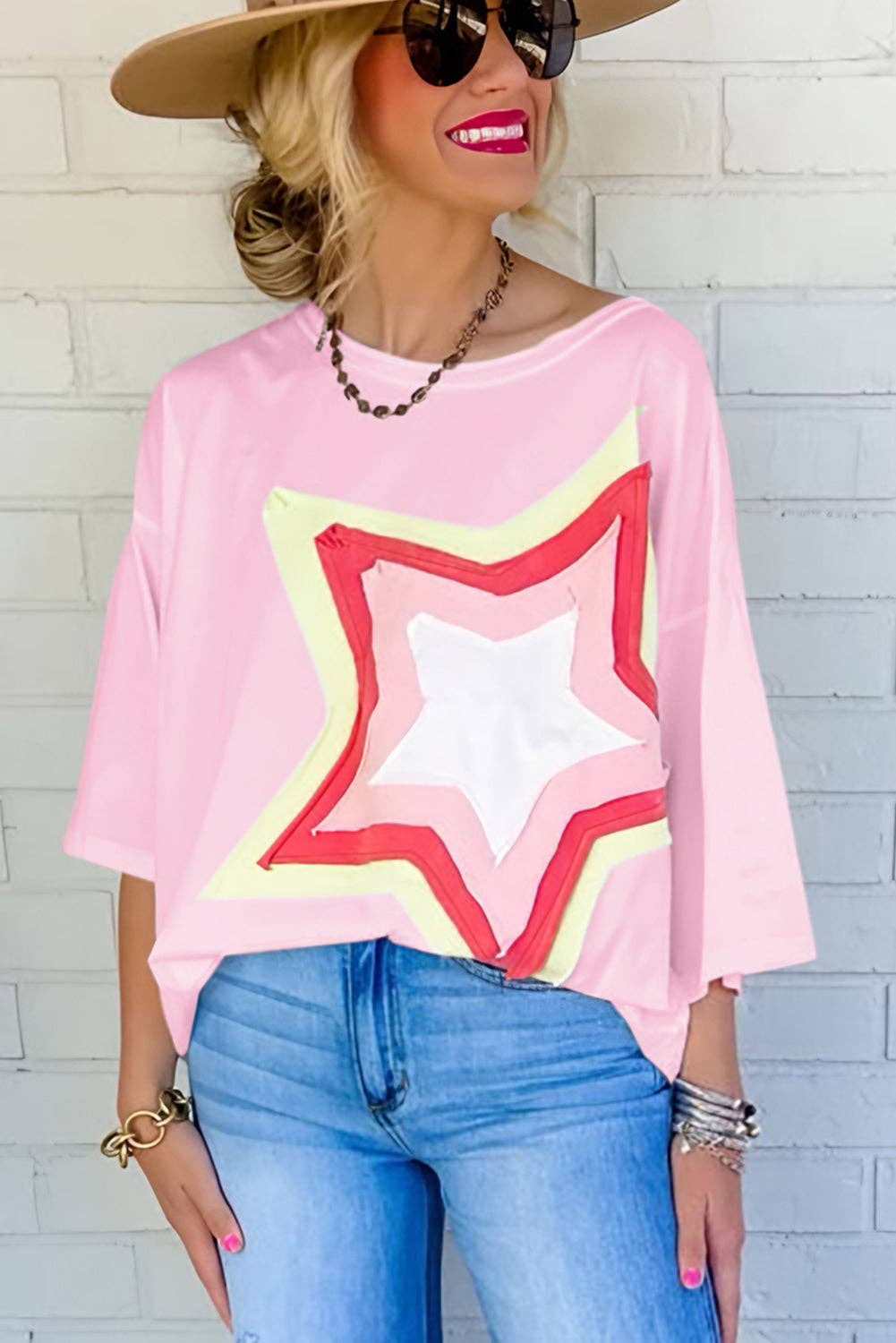 Lovesoft - Wholesale Tunic - Women's - Colorblock Star Patched Half Sleeve Oversized Tee12