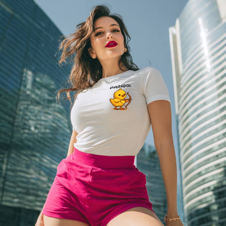 Cute baby chick with bow and arrow T-Shirt - Retro Pixel Art for wholesale by Paradox Designs