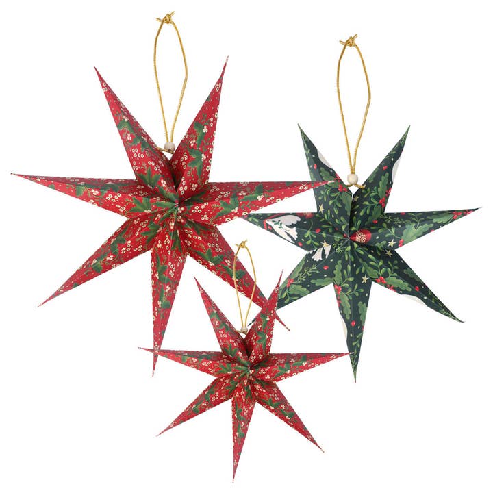 Talking Tables USA - Wholesale Ornament Set - Folklore Paper Stars Christmas Tree Decorations - 3 Pack | Vintage Christmas |5
