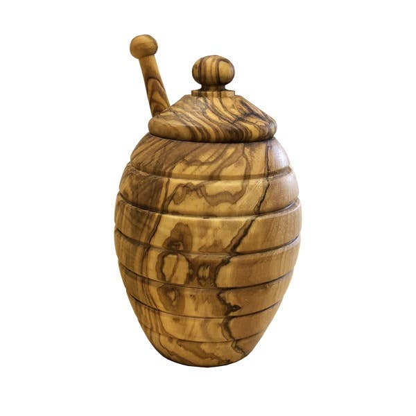 Olive Wood Honey Pot with Honey Dipper for wholesale by Naturally Med Inc.