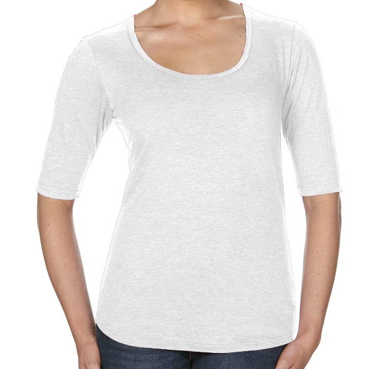M2O: White Scoopneck Three Quarter Sleeve for wholesale by Mad Style