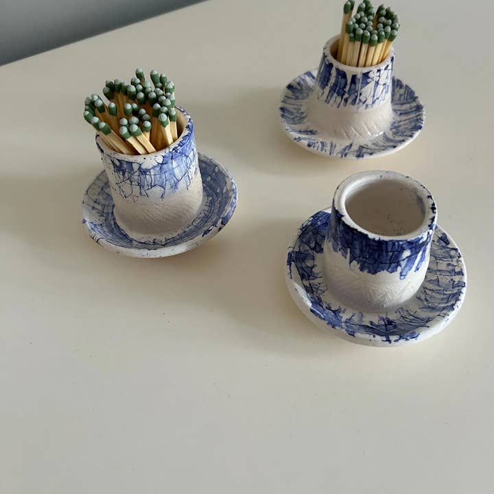 Amber Vintage Chicago Pottery - Wholesale Match Holder - Hanukkah special Blue and White Striker