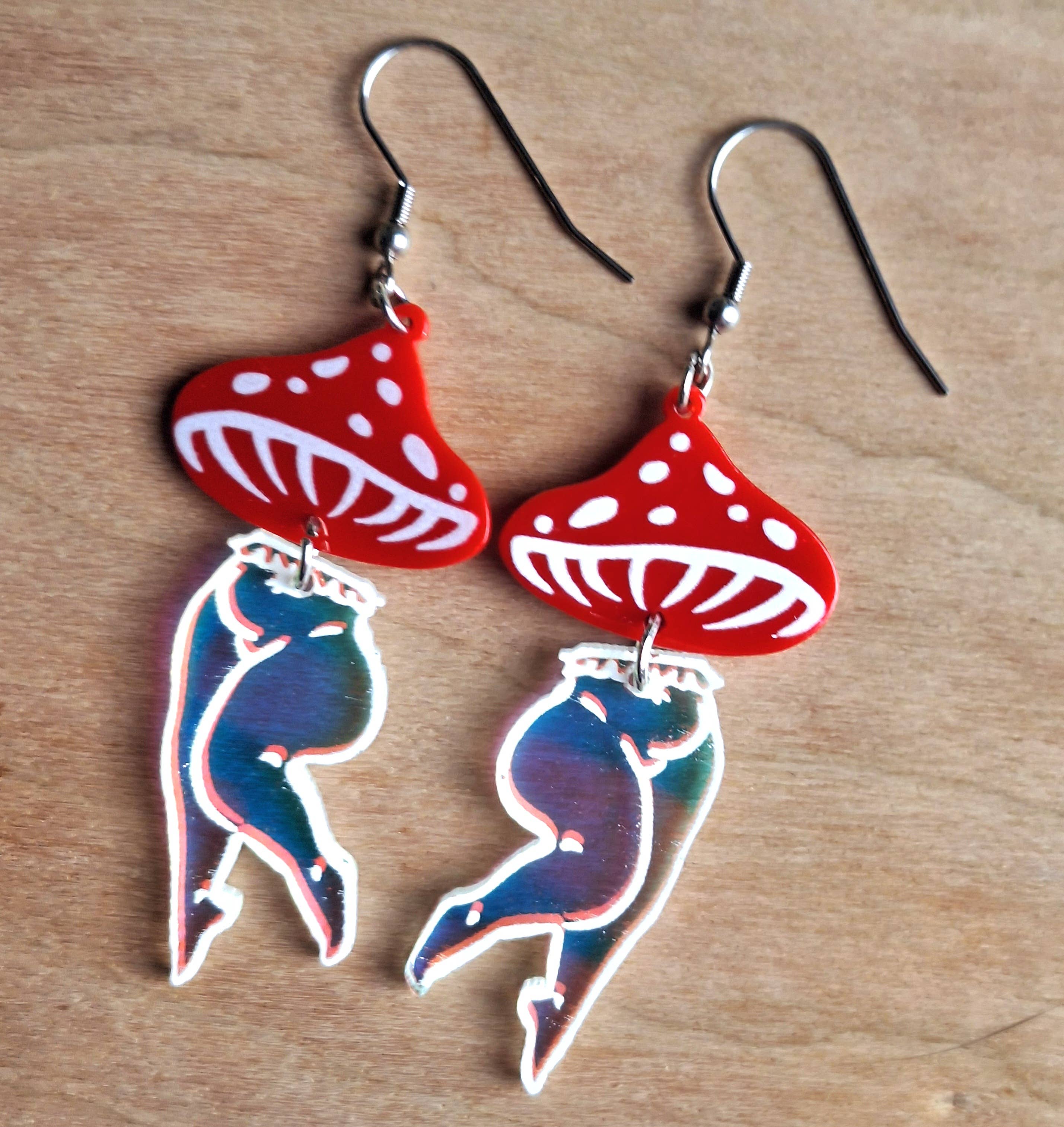 Jedi Woods LLC - Wholesale Dangle Earrings - Mushroom Lady Earrings with Red and Irredescent Acrylic4