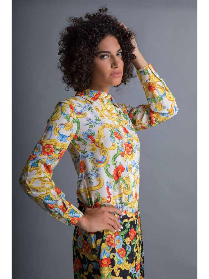 IDDA – Camisa com botões no colarinho – Mulher por atacado – Camisa de seda crepe de chine com estampa barroca1