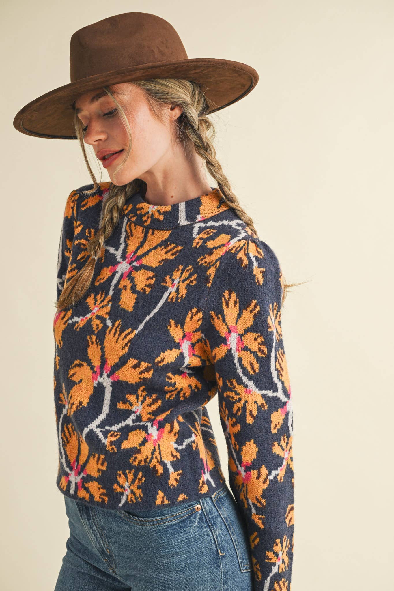 &MERCI - Wholesale Knit Sweater - Women's - FLORAL MOCK NECK SWEATER MSW1110130