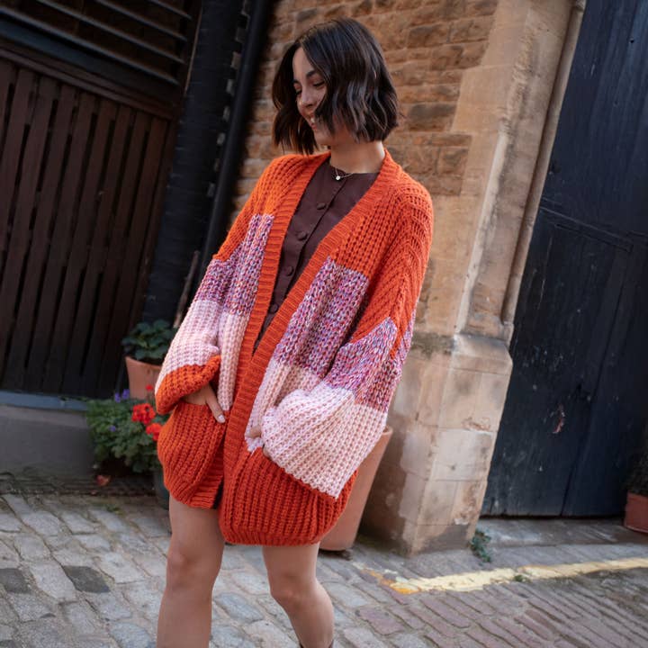 Cara & The Sky - Wholesale Cardigan - Women's - Janie Oversized Chunky Stripe Cardigan - Orange19