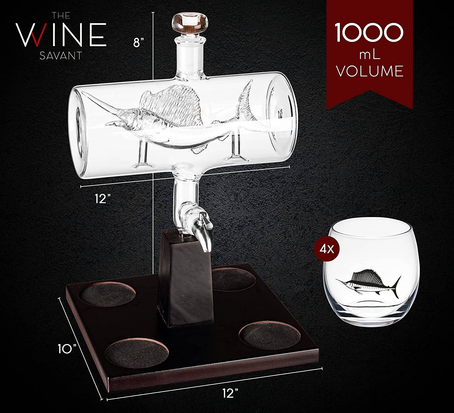 The Wine Savant /  Khen Glassware - Wholesale Decanter - Sailfish Whiskey Decanter Dispenser and 4 Liquor Glasses2