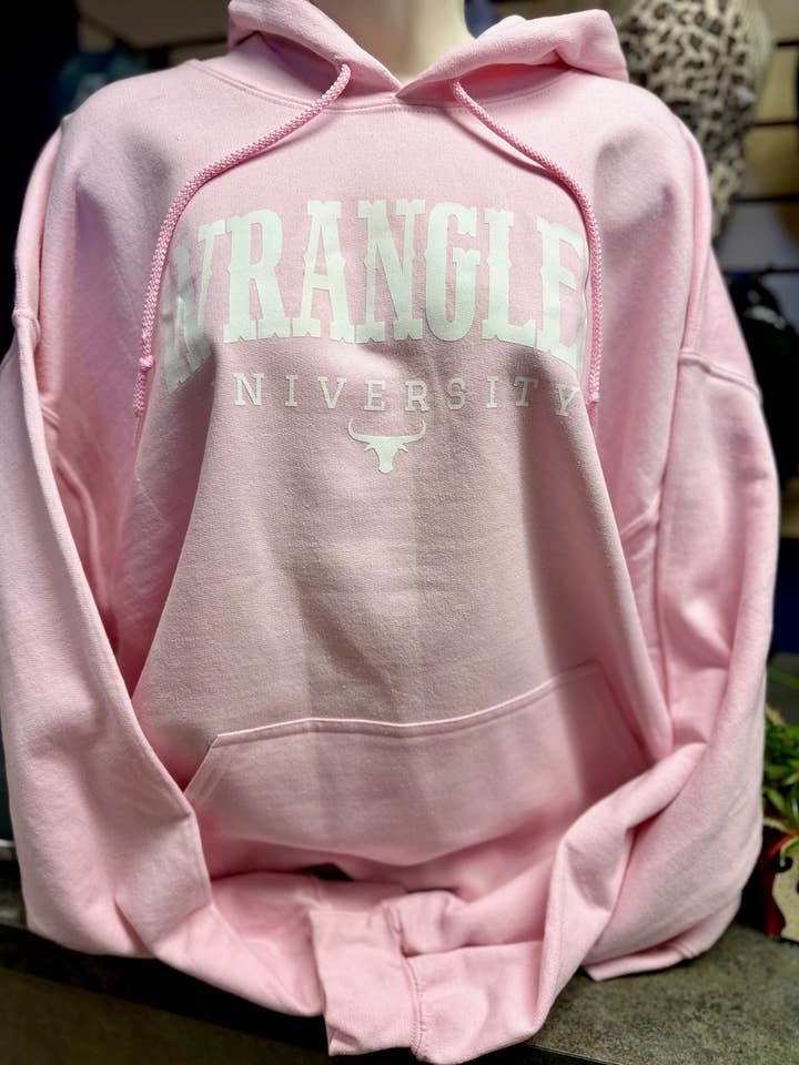 Wrangler University Graphic Pink Hoodie Sweatshirt for wholesale by Rowdy Rowels