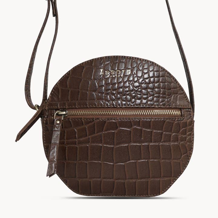 'Jane' Brown Croc Leather Round Designer Crossbody Bag for wholesale by Assots London