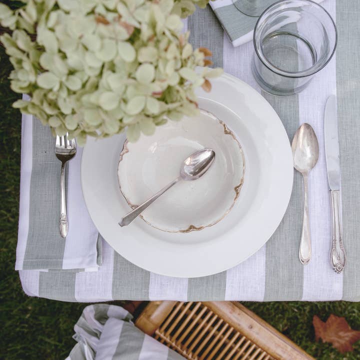 Heirloomed Collection - Wholesale Tablecloth - Linen Tablecloth - Broad Stripe in Sage2