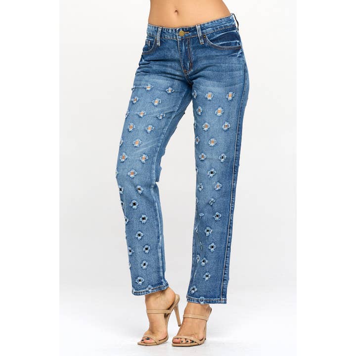 Blue Turtle - Wholesale Jeans - Women's - Shockwave Mid Rise Straight Leg Hole Mom Jean Medium DH20326
