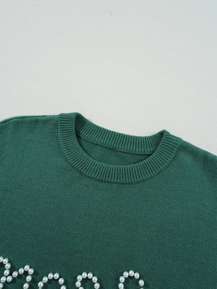 Blackish Green Pearl Beaded Merry Casual Sweater for wholesale on Faire2