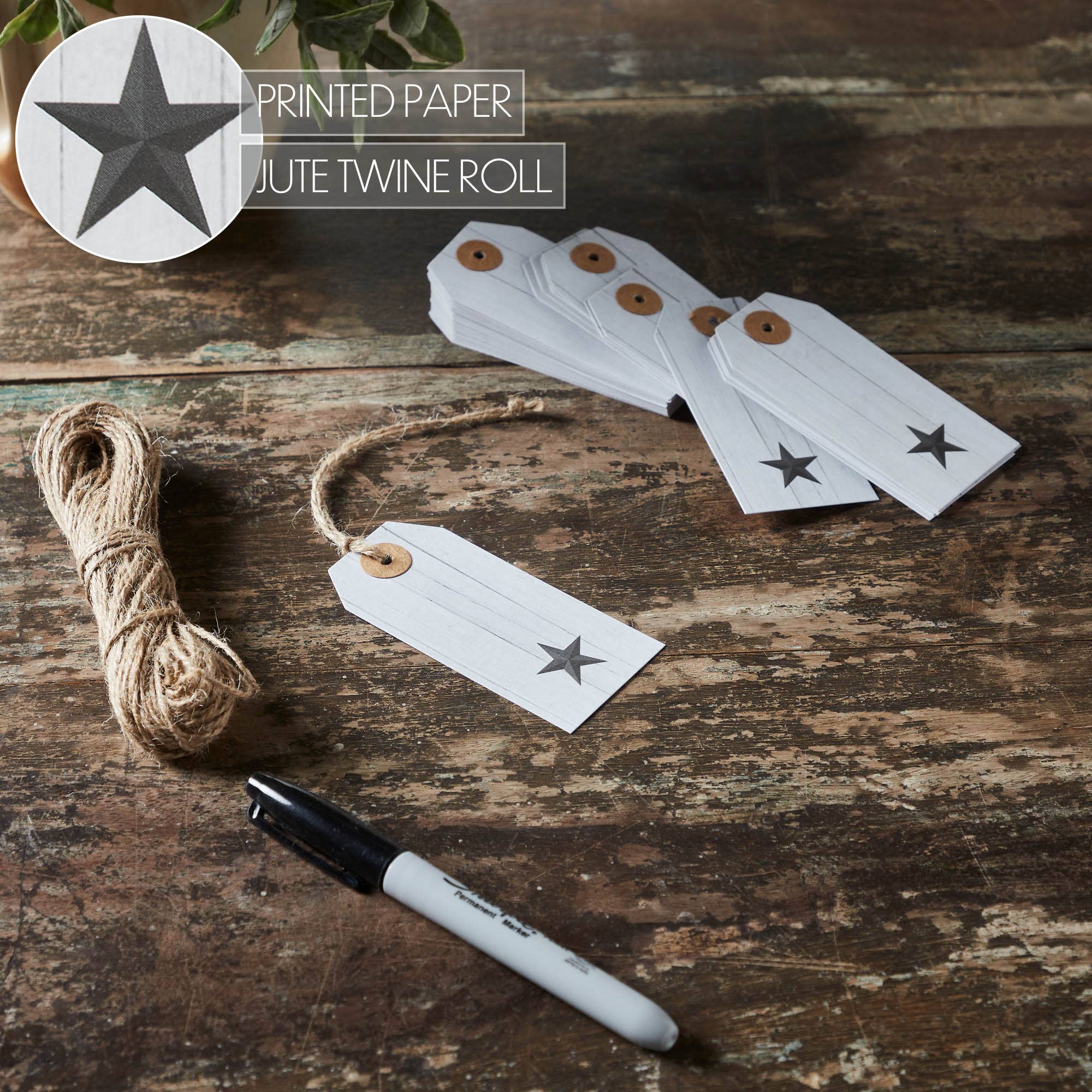 VHC Brands - Wholesale Gift Tag Label - Faceted Barn Star Barnwood Paper Tag Charcoal 3.75x1.75 w/ Twine Set of 504