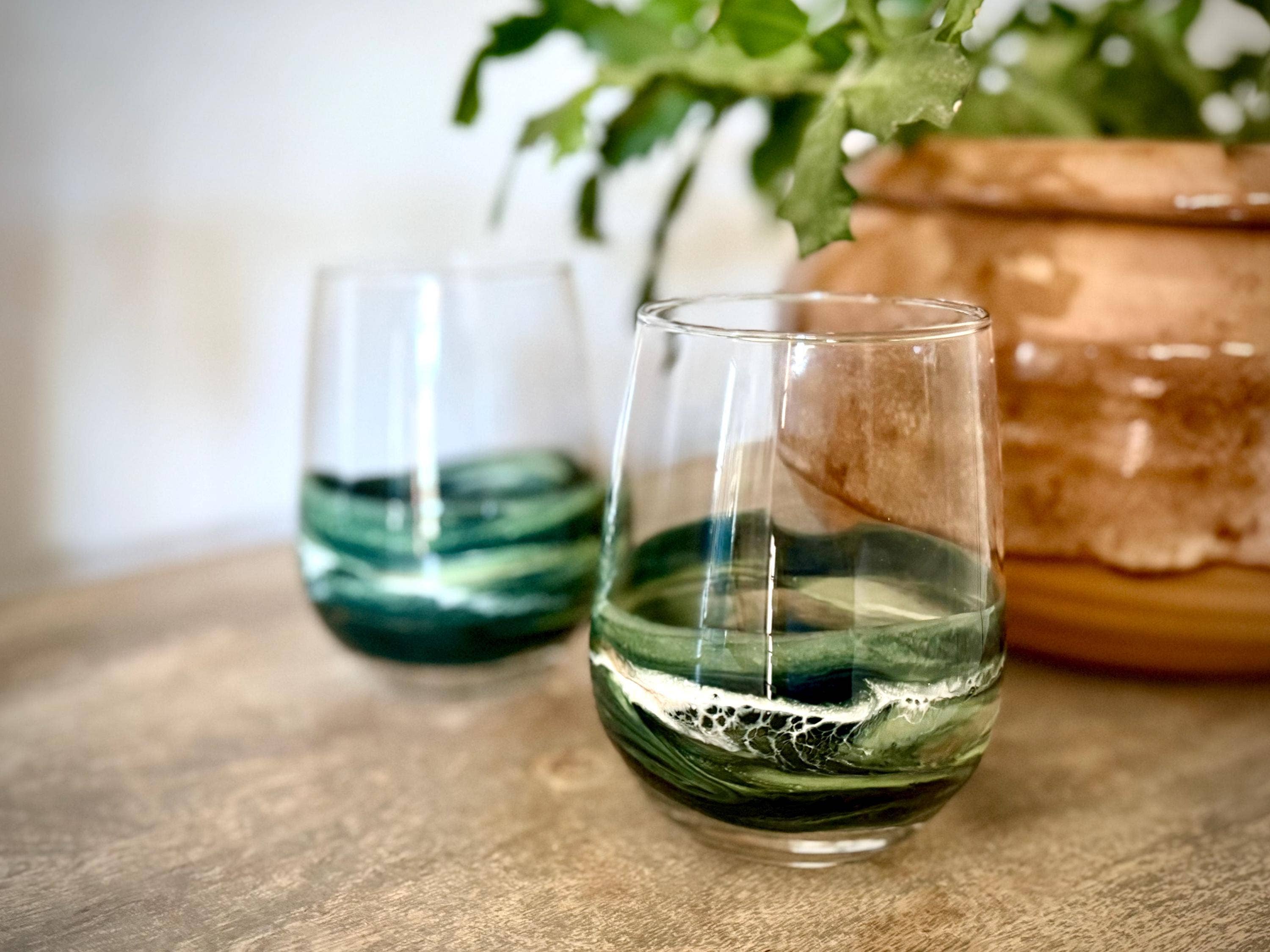 Artful Nests - Wholesale Wine Glass - Stemless Wine Glass - Holiday Green Glassware - Gift for Host Wine3