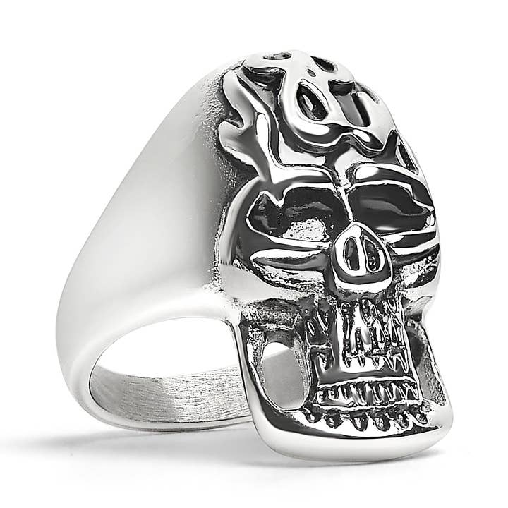 Stainless Steel Polished Flaming Skull Ring for wholesale by WJW