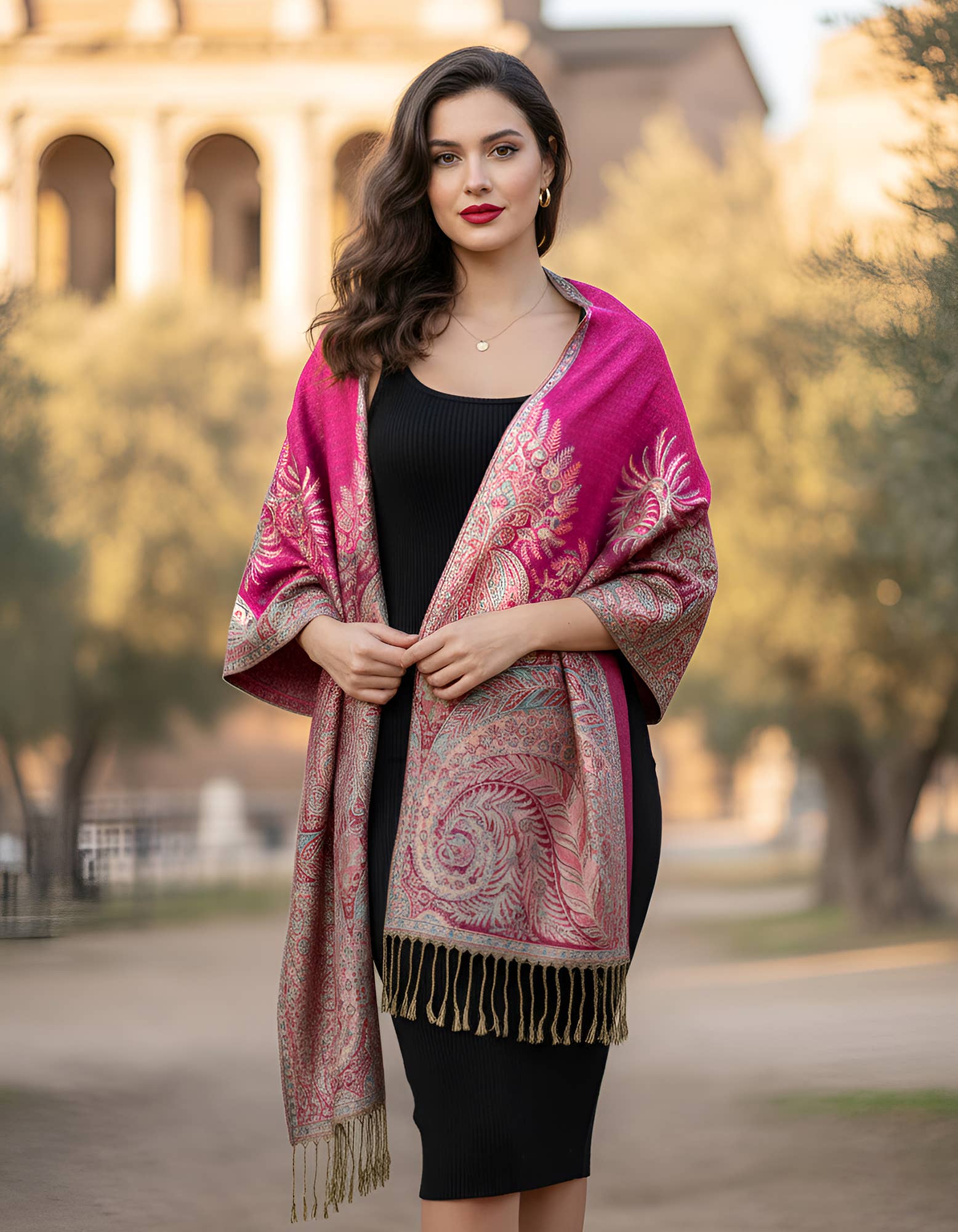 SERENITA – wholesale Halsduk - Dam – Stor paisley pashmina-sjal med tvåsidigt mönster och fransar4