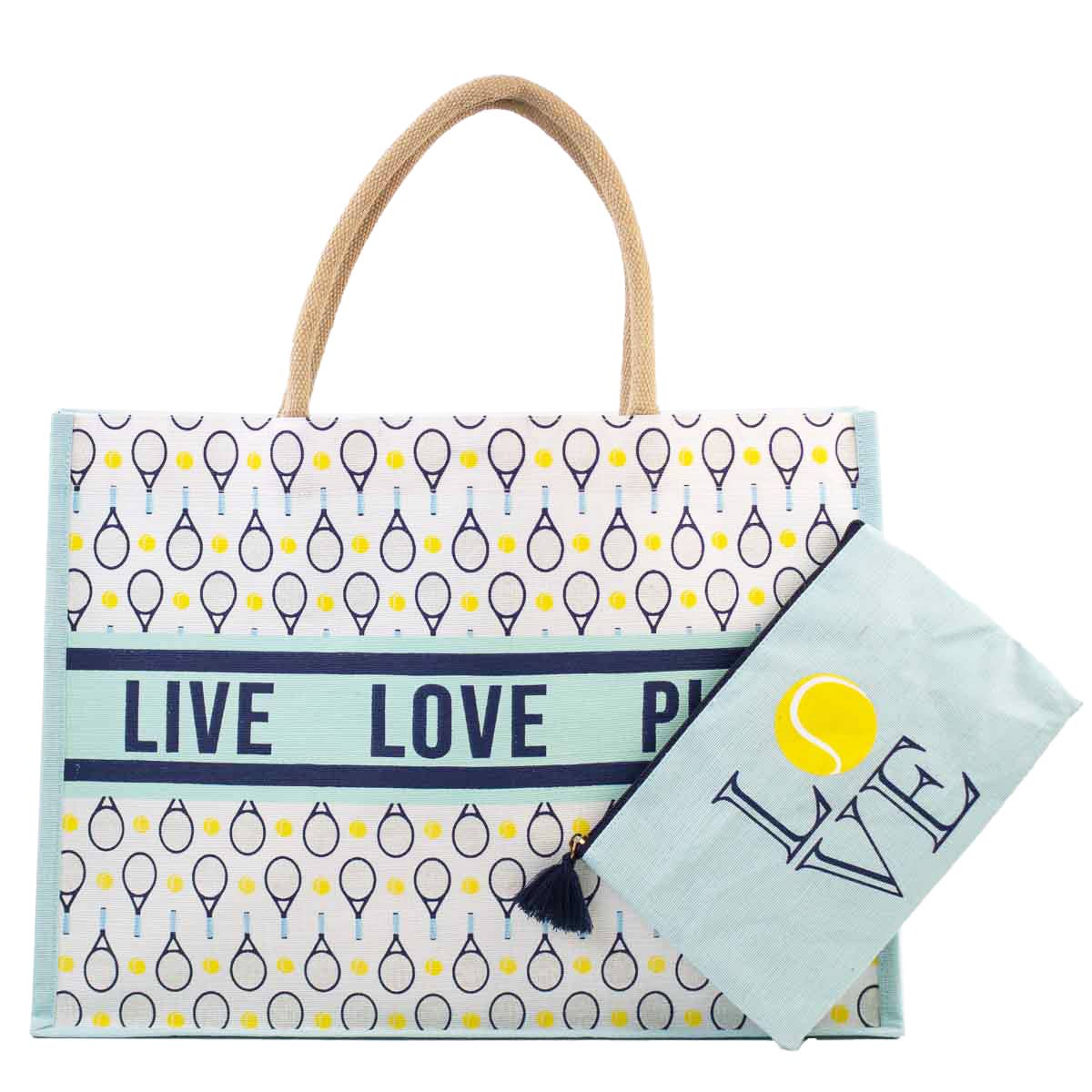 The Royal Standard - Wholesale Tote Bag - Women's - Tennis Love Juco Tote   Sky/Navy/White   19x14x7.51