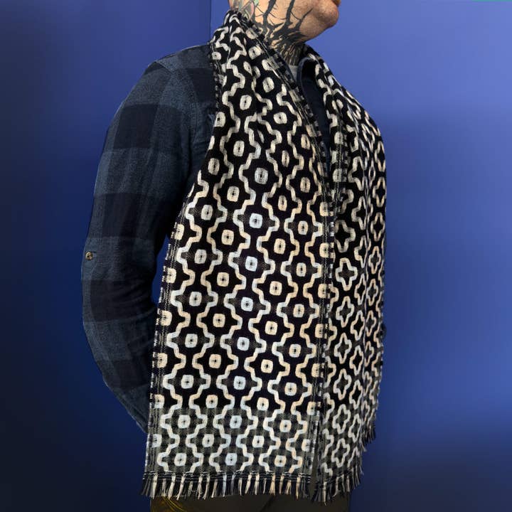 Brook | Black and blue woven wool scarf for wholesale by Margo Selby